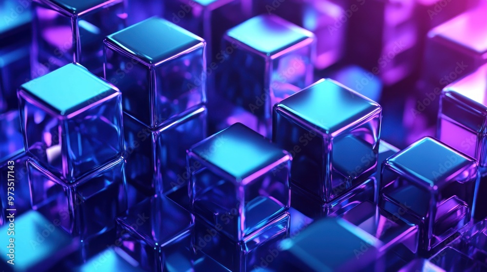 Close-up of iridescent blue and purple cubes in a geometric pattern. Close-up of iridescent blue and purple cubes in a geometric pattern.