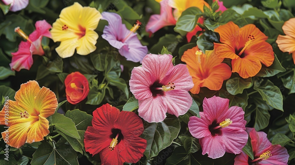 Trumpet shaped Hibiscus flowers vary in red orange yellow pink or purple hues with at least five petals