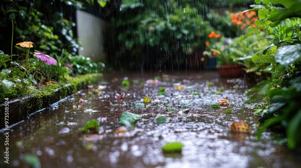 Raindrops fall on lush green foliage in a backyard, creating a tranquil and serene atmosphere. Raindrops fall on lush green foliage in a backyard, creating a tranquil and serene atmosphere.