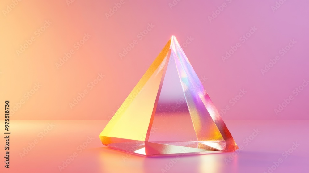 A single iridescent glass pyramid stands on a pink surface with gradient lighting. A single iridescent glass pyramid stands on a pink surface with gradient lighting.