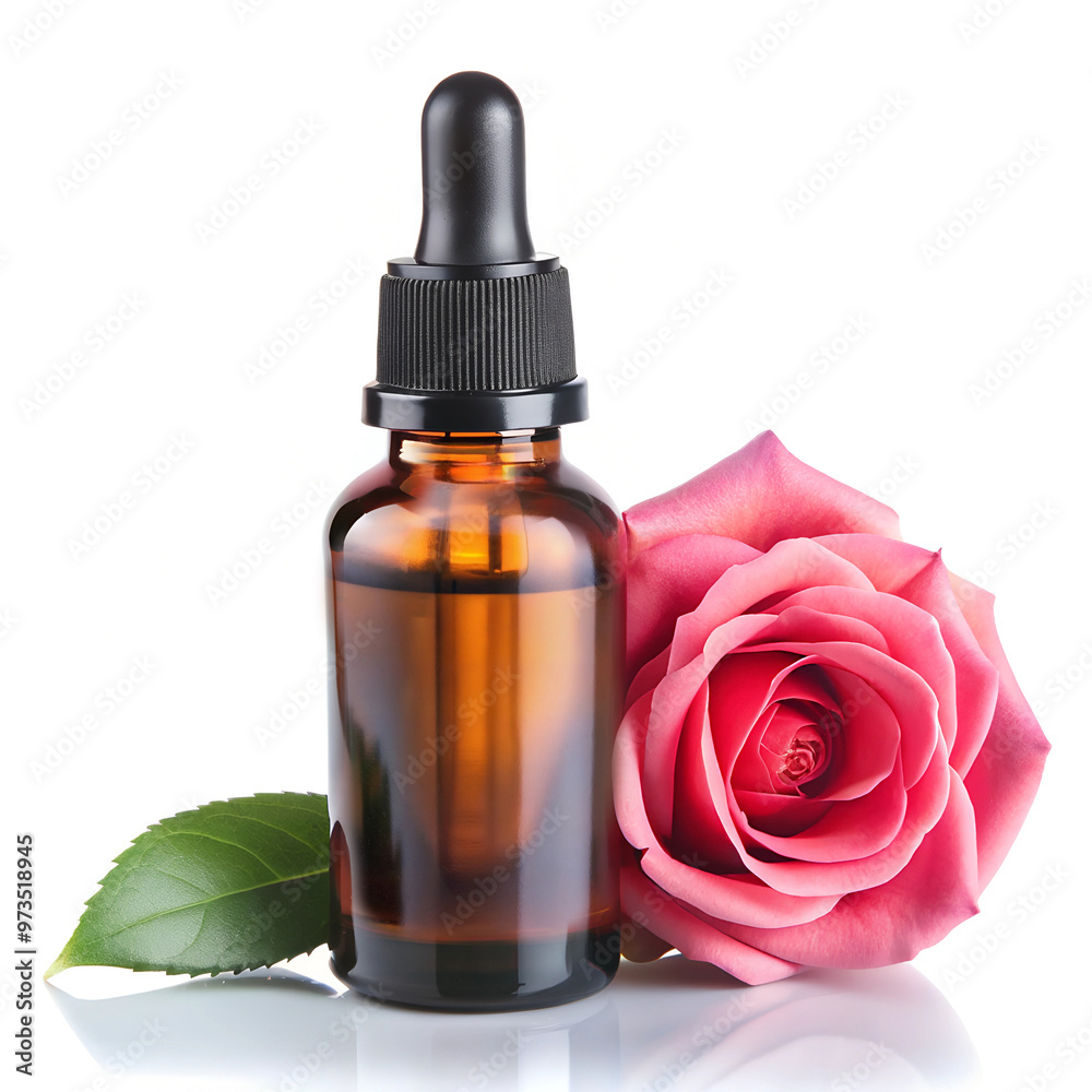 Rose Essential Oil Bottle with Fresh Rose Rose Essential Oil Bottle with Fresh Rose