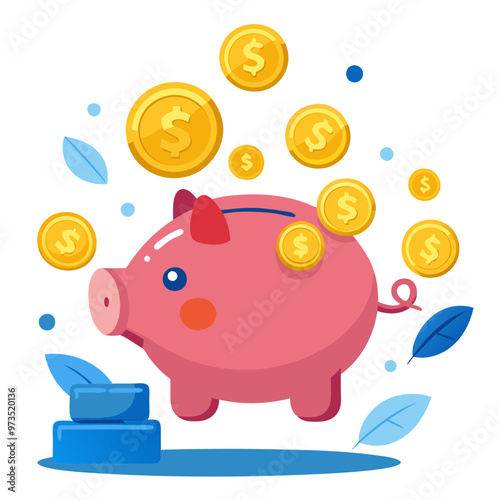 Piggy bank with coins and money