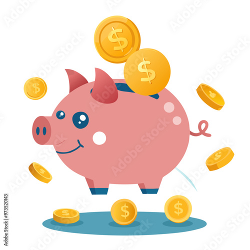 Piggy bank with coins and money