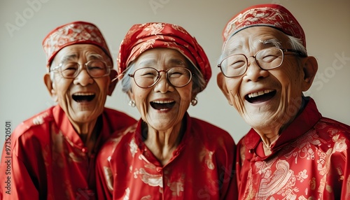 Joyful elderly men in traditional red attire sharing laughter and excitement against a neutral backdrop