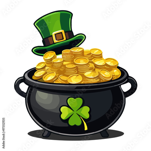 Pot of gold vector cartoon illustration. St. Patrick's Day celebration theme design element isolated on white. Black pot filled with sparkling golden coins, with shamrock clover sign on side, art