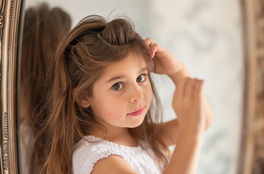 Little girl fixing her hair while looking in the mirror Little girl fixing her hair while looking in the mirror
