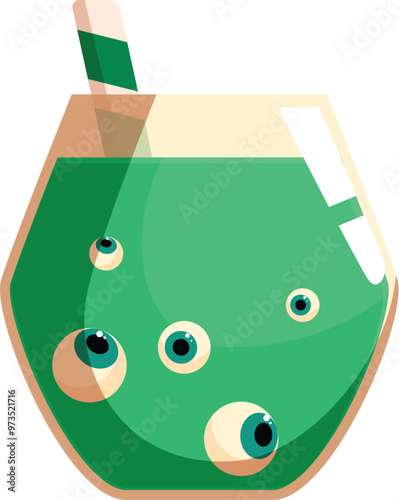 Green halloween punch with eyeballs floating and black striped straw is looking scary and refreshing