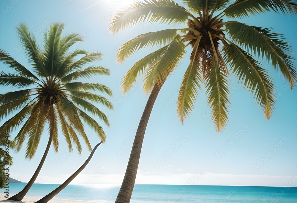 Obraz premium A tropical beach with a palm tree, clear blue sky, and calm turquoise waters