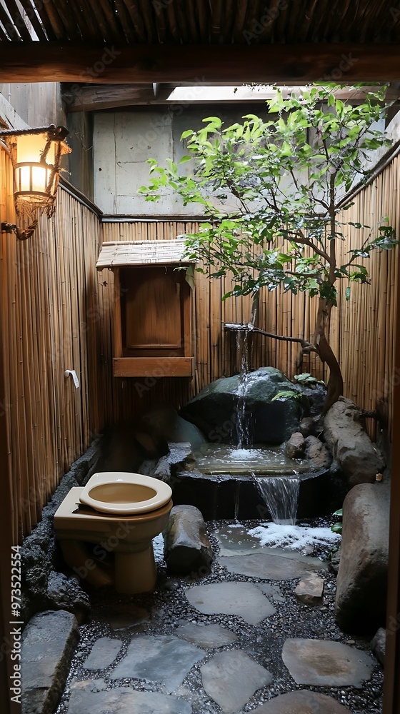 Zen bathroom design with stone, wood and a small garden, Japanese style, minimalist, serene, tranquility, nature inspired Zen bathroom design with stone, wood and a small garden, Japanese style, minimalist, serene, tranquility, nature inspired