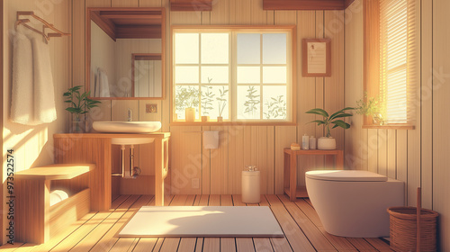 Anime style illustration of a retro style bathroom interior with comfortable anime wooden furniture