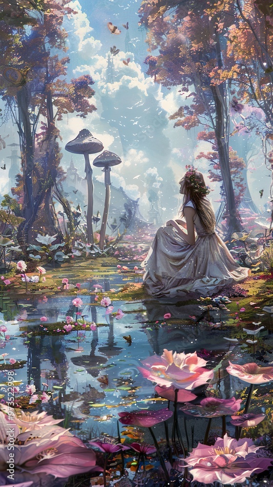 Enchanted Forest with Water Lily Pond and Woman Enchanted Forest with Water Lily Pond and Woman