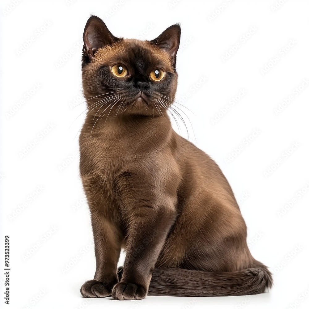 Burmese cat exudes elegance with its rich, glossy brown fur and striking golden eyes. The feline sits poised in front of a clean white backdrop, showcasing its beauty.