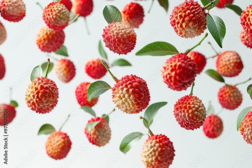 A whimsical display of hovering lychees against a bright background