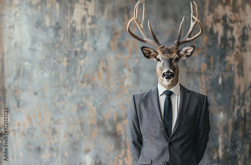 Businessman with deer head standing in front of wall photo