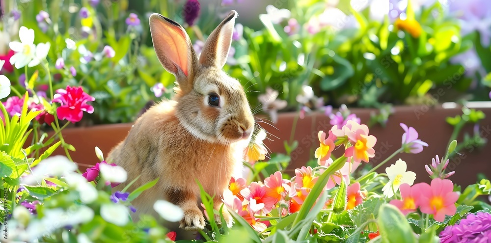 Rabbit nestled in a vibrant bed of colorful flowers, capturing the peaceful essence of nature in a spring garden Rabbit nestled in a vibrant bed of colorful flowers, capturing the peaceful essence of nature in a spring garden