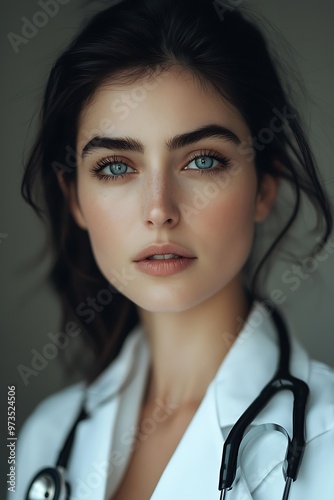 Portrait of a beautiful female doctor wearing a white coat and stethoscope. Healthcare, medicine, and professional concept.