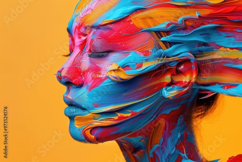 Vibrant whirlwind of abstract strokes enveloping a serene figure against a bright backdrop photo