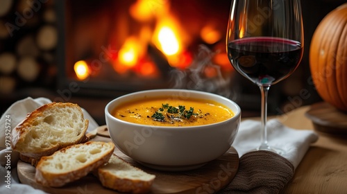 A bowl of soup and a glass of wine are on a table next to a fireplace. The scene conveys a cozy and warm atmosphere, perfect for a relaxing evening at home