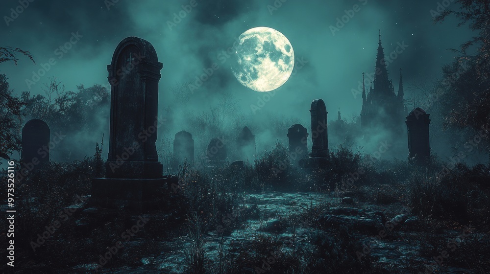 Eerie graveyard scene under a full moon with mist and tombstones. Eerie graveyard scene under a full moon with mist and tombstones.
