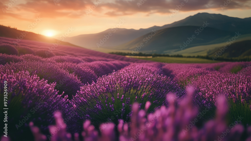 Naklejka premium A field of lavender flowers with a beautiful sunset in the background.