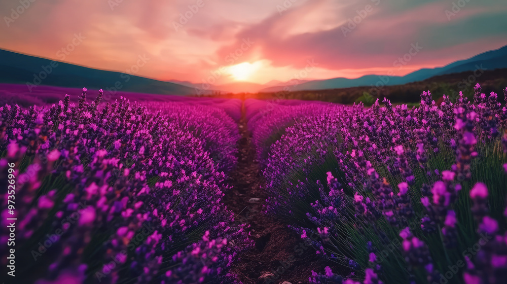Obraz premium Lavender flowers blanket the field as a beautiful sunset casts a golden glow, creating a tranquil and picturesque scene.