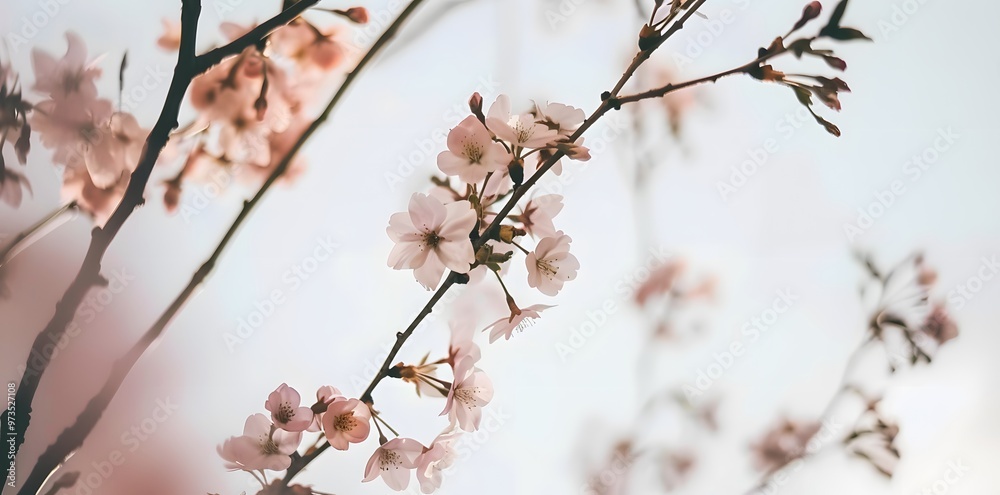 Close-up of cherry blossom branches with soft pink petals, capturing the beauty and tranquility of spring Close-up of cherry blossom branches with soft pink petals, capturing the beauty and tranquility of spring