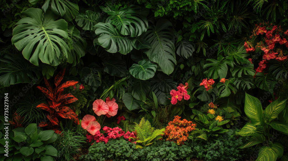 Exotic orchids and hibiscus fill the tropical flower garden, forming a rich and colorful paradise of lush foliage and vivid blooms.