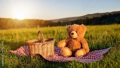 a teddy bear with a picnic basket in a sunny field capturing a moment of pure bliss photo