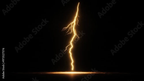 A lightning bolt is shown in a dark background. The bolt is yellow and he is glowing. Concept of danger and excitement, as lightning is often associated with storms and powerful natural forces photo