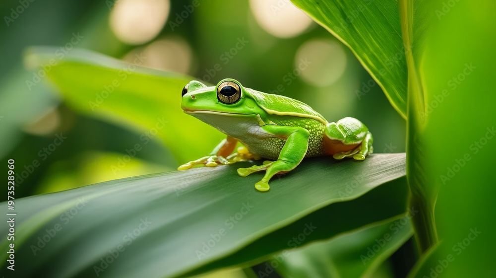 A green tree frog sitting on a large leaf, with a background of vibrant green plants and a calm, natural atmosphere. A green tree frog sitting on a large leaf, with a background of vibrant green plants and a calm, natural atmosphere.