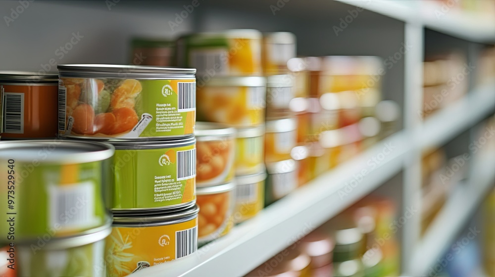 Canned food neatly arranged on a white shelf, emphasizing expiration dates and safety labels for food safety awareness. Canned food neatly arranged on a white shelf, emphasizing expiration dates and safety labels for food safety awareness.