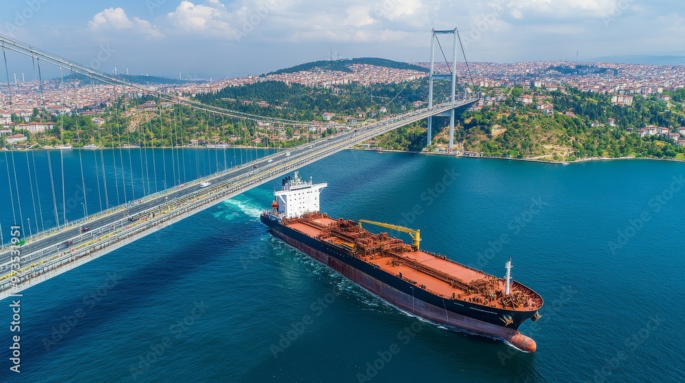 Naklejka premium An aerial view of an oil tanker transporting crude oil from a refinery on the Marmara Sea, passing through the Istanbul Bosphorus, showcasing maritime transportation and energy logistics