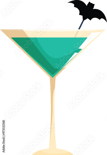 Green cocktail in martini glass decorated with black bat for halloween party celebration