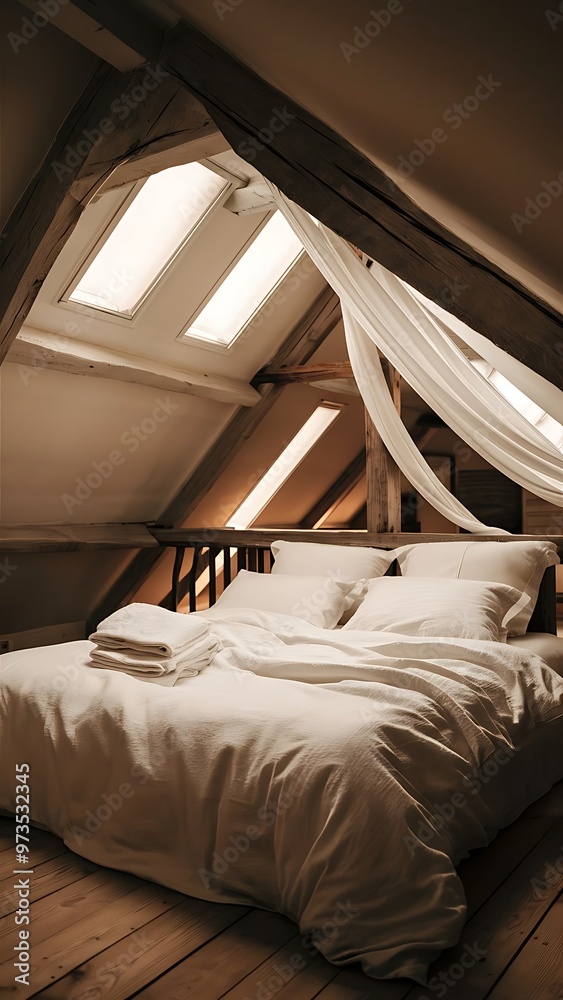 Beautiful cozy room in a loft style. bedroom with large bed and white bed linen, and above it the lights are on Beautiful cozy room in a loft style. bedroom with large bed and white bed linen, and above it the lights are on