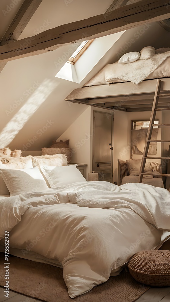 Beautiful cozy room in a loft style. bedroom with large bed and white bed linen, and above it the lights are on Beautiful cozy room in a loft style. bedroom with large bed and white bed linen, and above it the lights are on