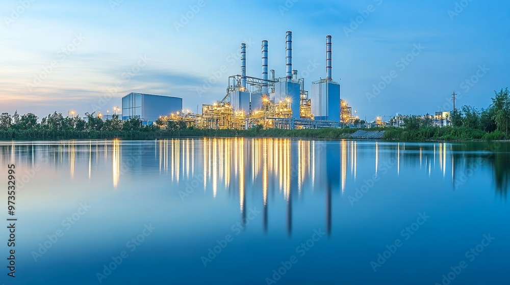 Obraz premium Industrial power plant with towering structures and machinery generating energy at twilight, highlighting modern infrastructure for electricity production and large-scale industrial operations