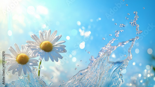 background with two daisies and a gentle water splash in an ultra-soft focus, emphasizing a dreamy, ethereal y2k aesthetic, pure blue sky background