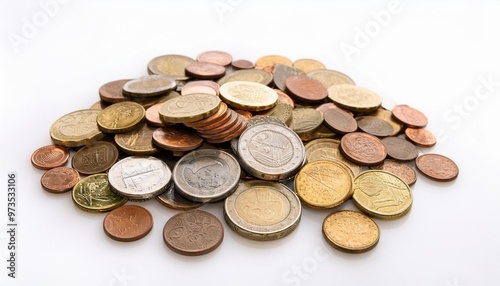 a pile of assorted international coins featuring different currencies and designs isolated on a white background representing global finance and travel