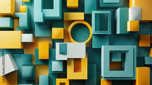 Abstract geometric background of overlapping teal, yellow, and white shapes.