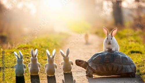 ethereal turtle leading rabbits on sunlit path whimsical fable retelling photo