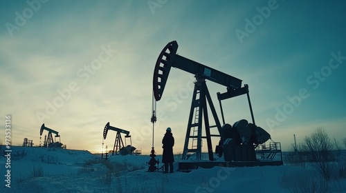 Silhouette of oil production company with towering rigs extracting natural resources against a dramatic evening sky. Industrial landscape representing energy, exploration, and fuel supply