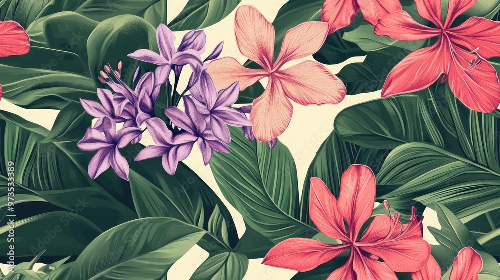 Seamless pattern of red and pink ginger green plumeria and violet agapanthus lily Floral botanical illustration featuring isolated wild leaves and flowers Exotic tropical jungle theme Seamless pattern of red and pink ginger green plumeria and violet agapanthus lily Floral botanical illustration featuring isolated wild leaves and flowers Exotic tropical jungle theme