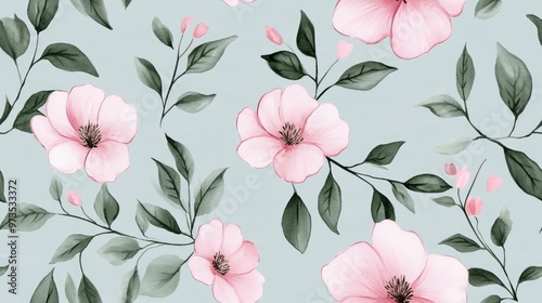 Fototapeta Naklejka Na Ścianę i Meble -  Watercolor pattern featuring pink flowers and green leaves on a gray background suitable for fabric wallpaper and wrapping paper design
