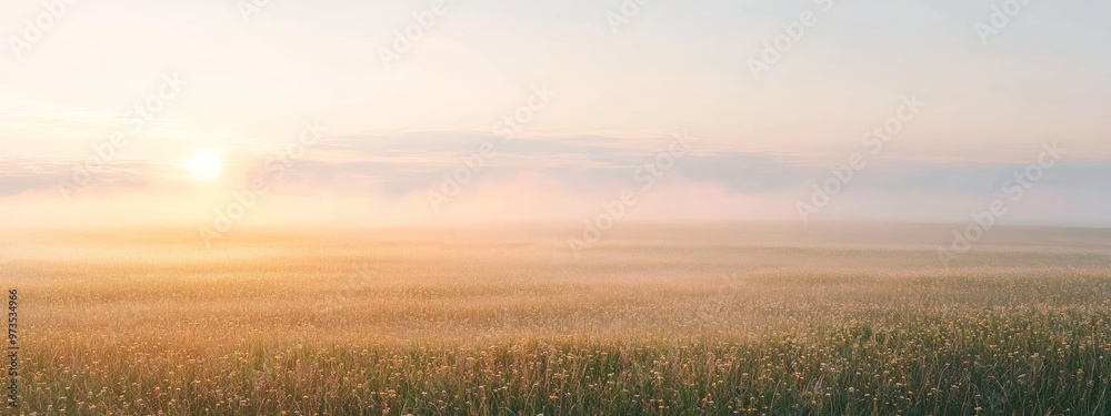 Sunrise Over Foggy Field with Wildflowers Sunrise Over Foggy Field with Wildflowers