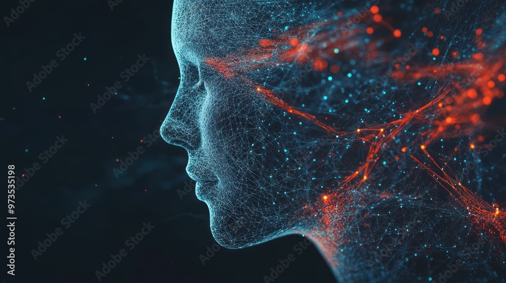 Abstract digital human face with glowing red and blue particles. Abstract digital human face with glowing red and blue particles.
