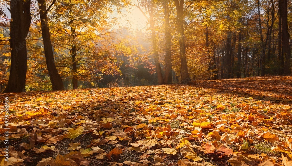 Autumn background with golden autumn leaves falling on the ground in a forest Autumn background with golden autumn leaves falling on the ground in a forest