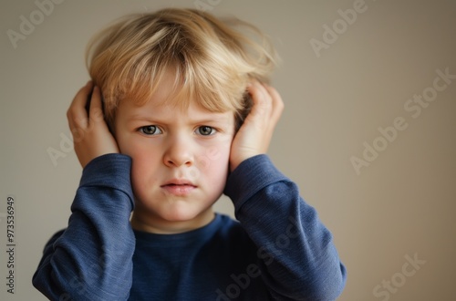 Sad child covering his ears with hands