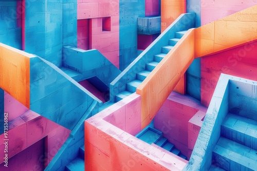 Vibrant abstract architecture with colorful staircases in a surreal urban landscape photo