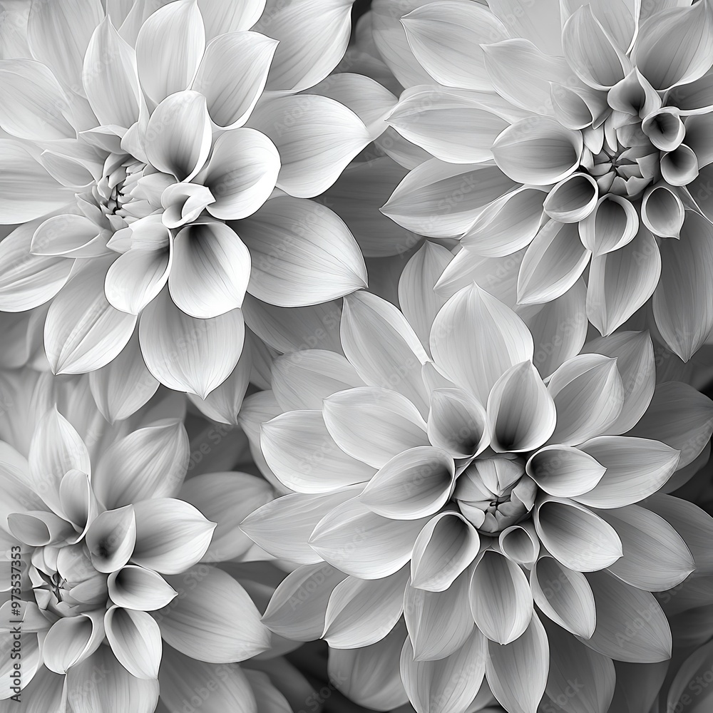 Black and White Floral Close Up, Delicate Dahlias in Monochromatic Beauty Black and White Floral Close Up, Delicate Dahlias in Monochromatic Beauty