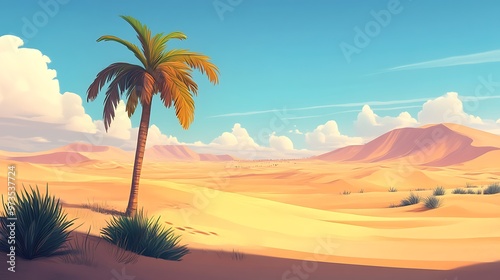 Palm Tree in a Desert Landscape with Blue Sky and White Clouds